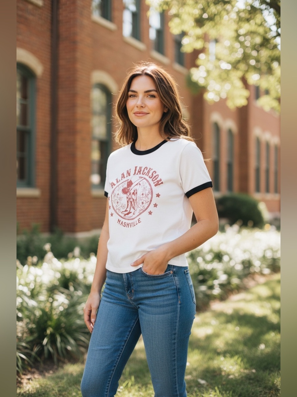 Alan Jackson Nashville Graphic Ringer Tee - Light Crem with Black Trim